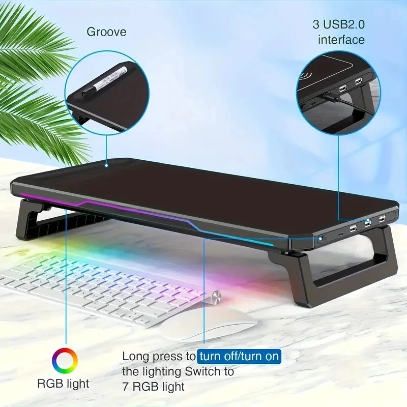 ITLY RGB Monitor Stand with 3 USB Ports Data Transfer Charging Desktop Organizer for PC and Laptops up to 19.6 Inches NEW